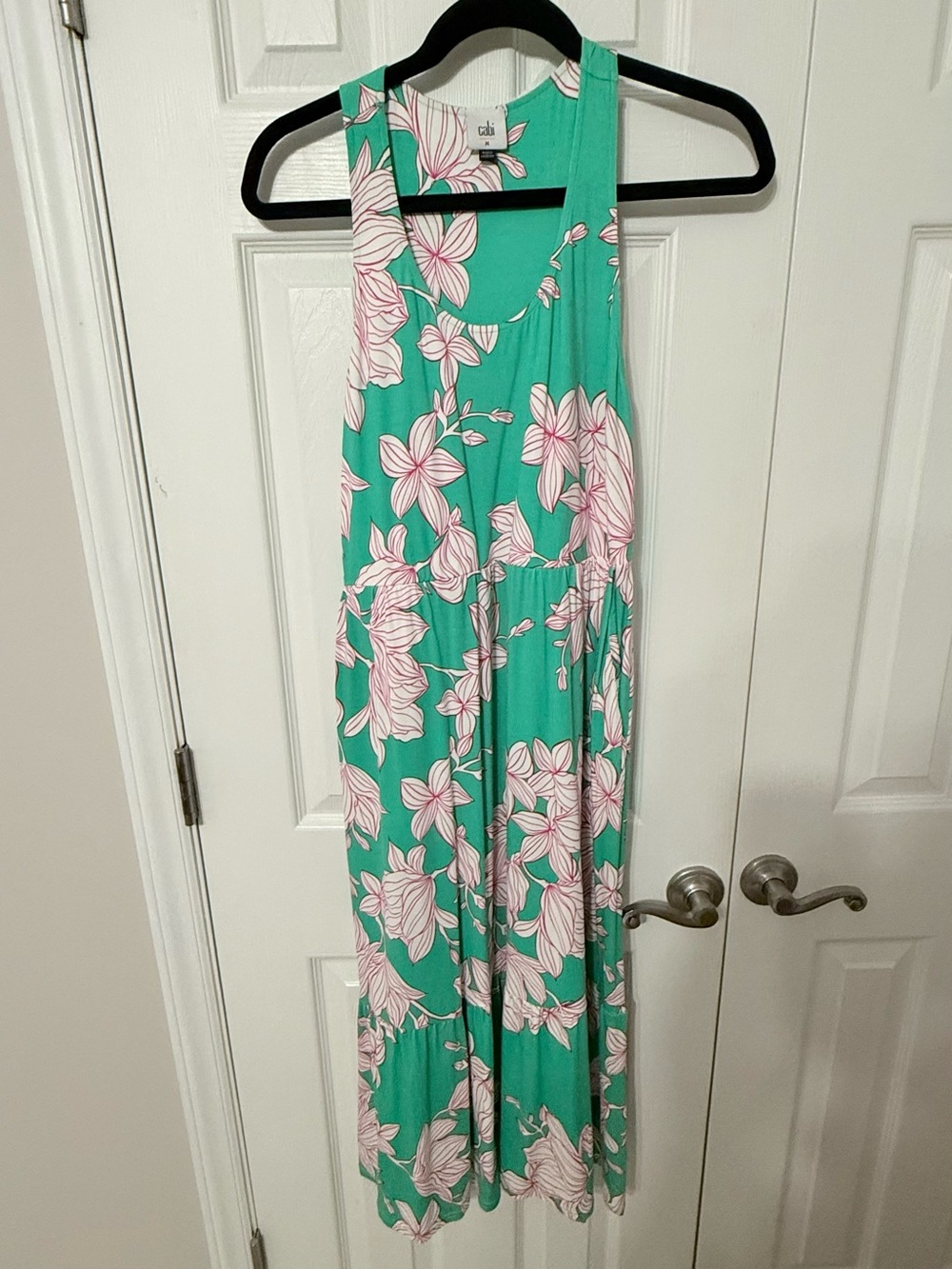 CAbi Green Floral Dress with Pink Blooms with Pockets Sz M